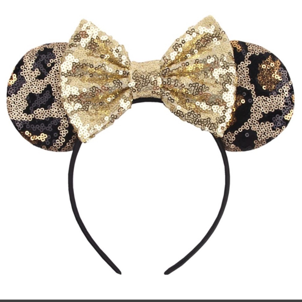 NWT Leopard Print Sequin Minnie Mouse Ears Headband - Gold and Black